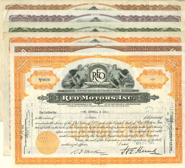 Reo Motors, Inc - Collection of 6 Stock Certificates